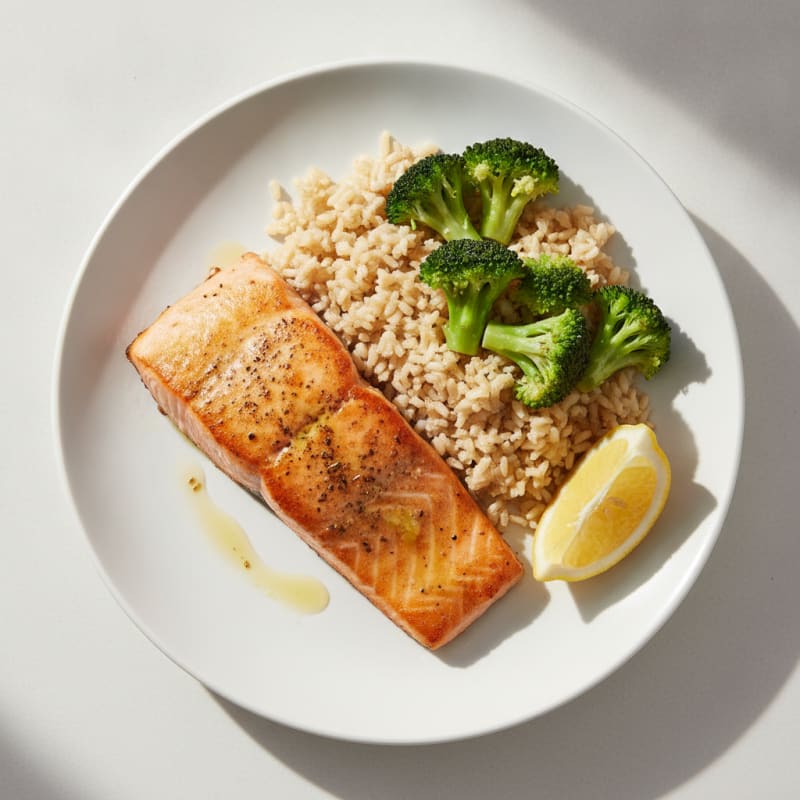 Seared Salmon with Steamed Broccoli and Brown Rice