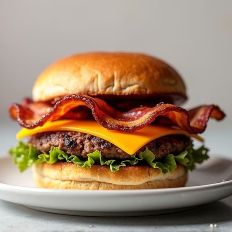 Pan-Seared Lean Beef Burger with Crispy Bacon and Melted Cheddar