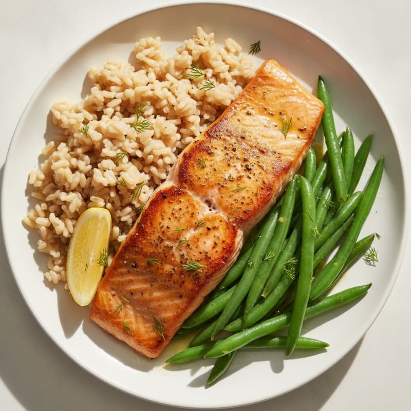 Seared Salmon with Steamed Green Beans and Brown Rice