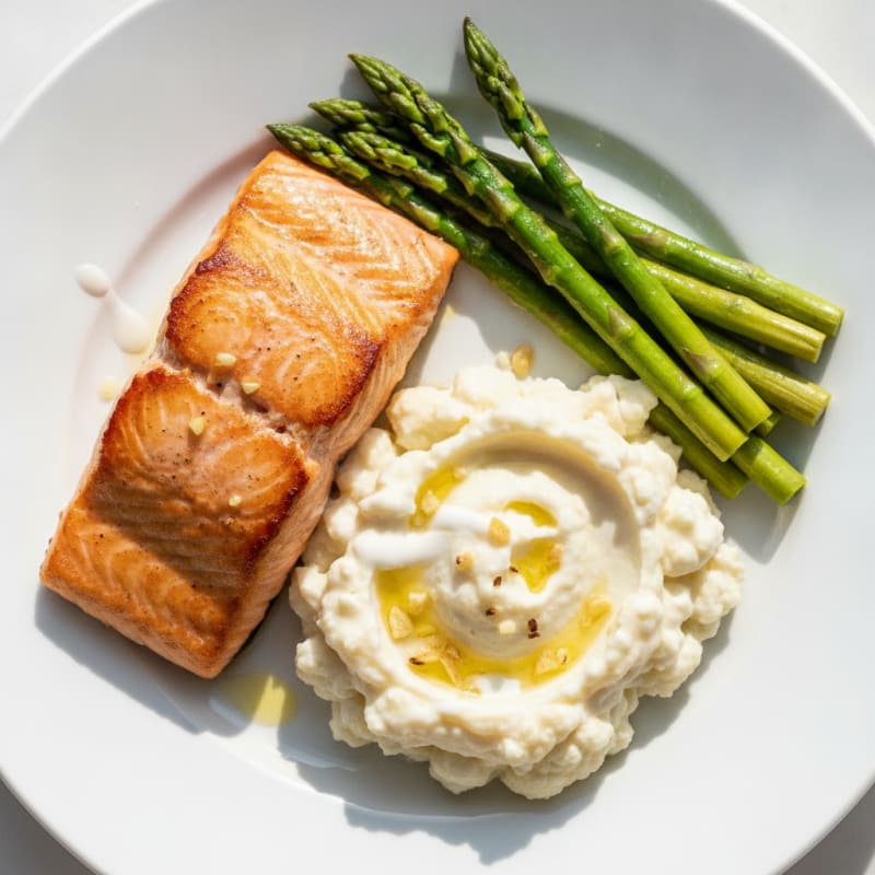 Seared Salmon with Steamed Asparagus and Garlic Mashed Cauliflower