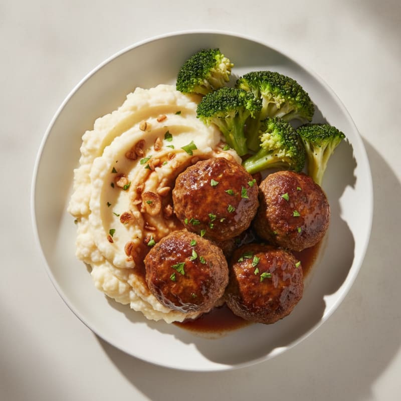 Baked Beef Meatballs with Garlic Mashed Cauliflower and Steamed Broccoli