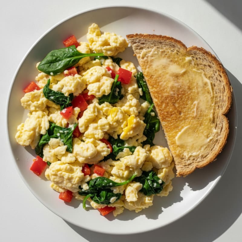 Scrambled Eggs with Sautéed Veggies and Whole Wheat Toast