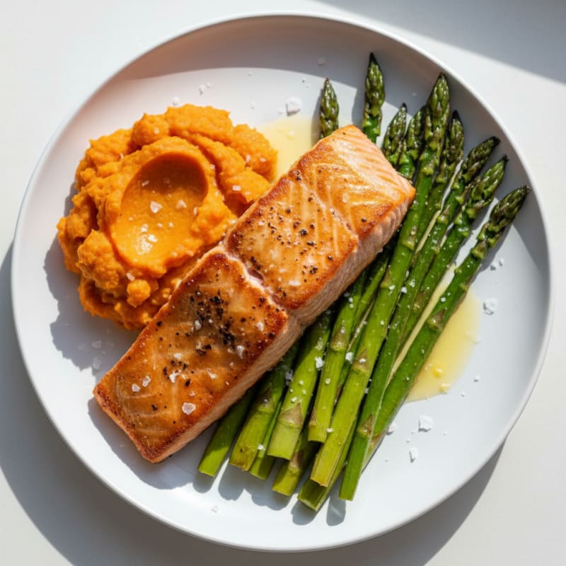 Seared Salmon Fillet with Roasted Asparagus and Sweet Potato Mash