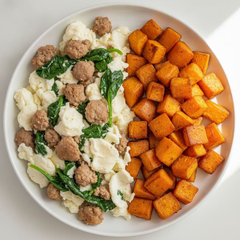 Egg White and Turkey Sausage Scramble with Spinach and Roasted Sweet Potato