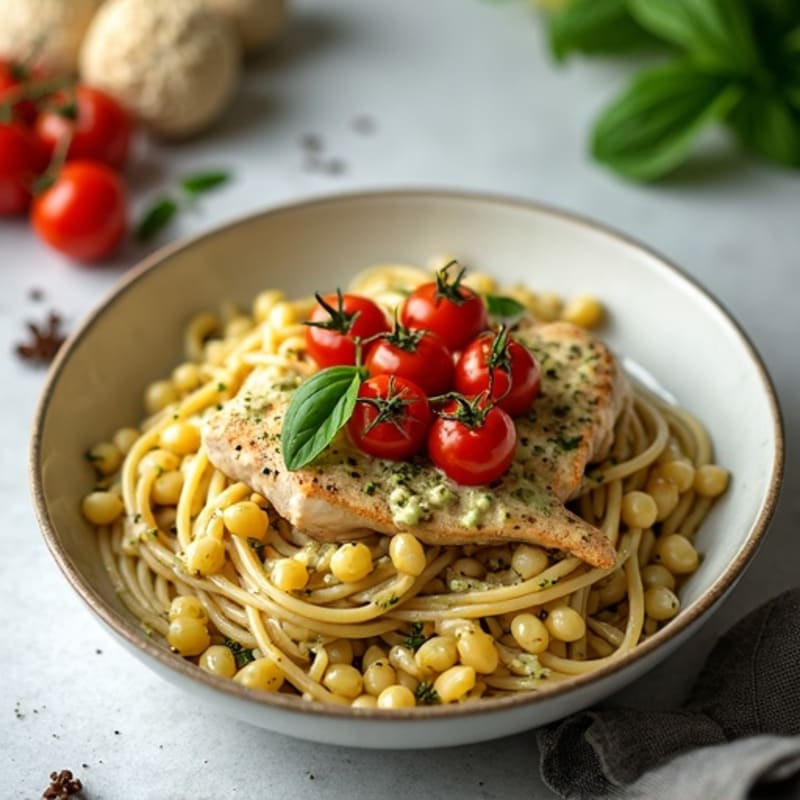 Creamy Pesto Chicken Pasta with Blistered Tomatoes