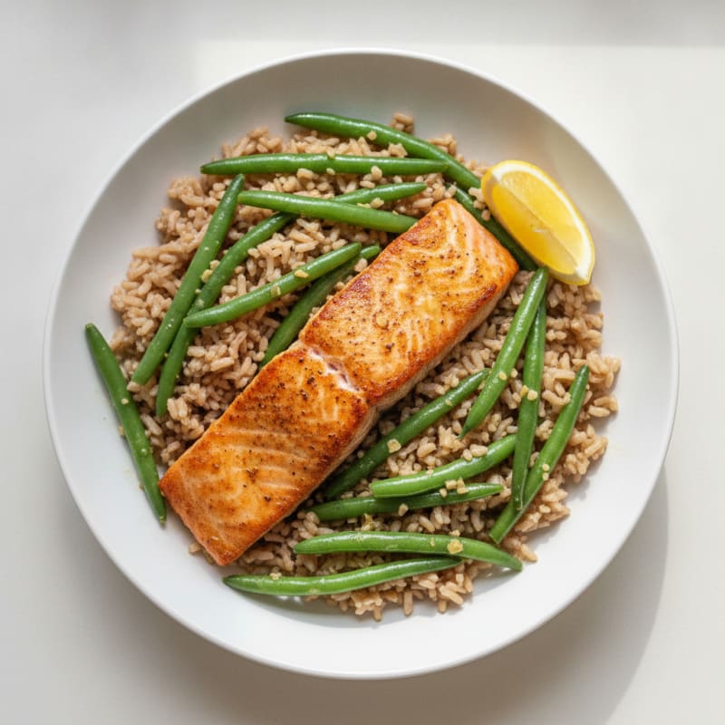 Seared Salmon with Garlic Green Beans and Brown Rice