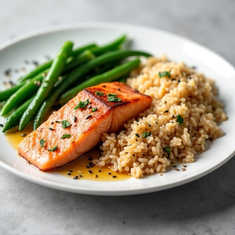 Seared Salmon with Steamed Green Beans and Brown Rice