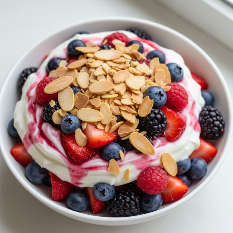Greek Yogurt Protein Parfait with Mixed Berries and Almonds