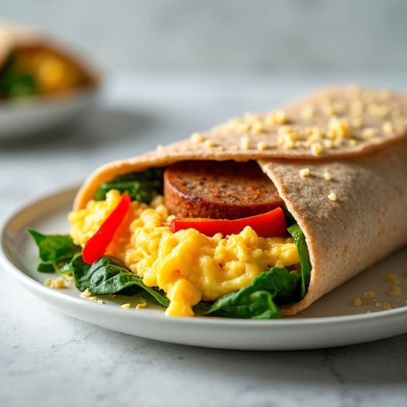 Hearty Whole Wheat Breakfast Burrito with Scrambled Eggs and Turkey Sausage