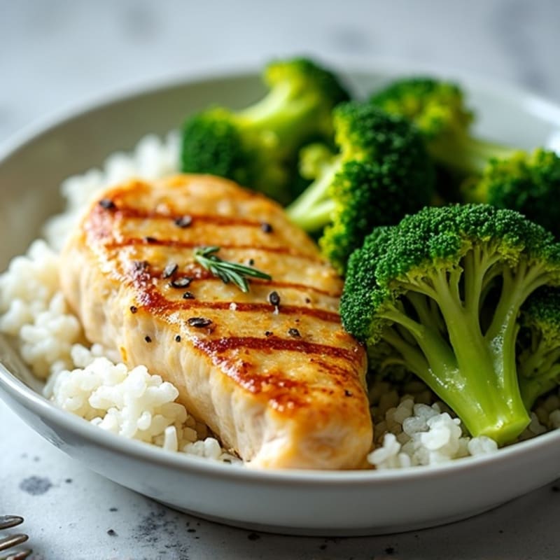 Pan-Seared Lemon Herb Chicken Breast with Steamed Broccoli and Fluffy White Rice