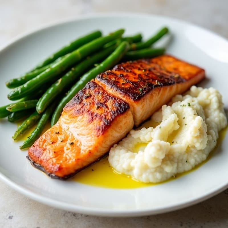 Seared Salmon with Steamed Green Beans and Cauliflower Mash