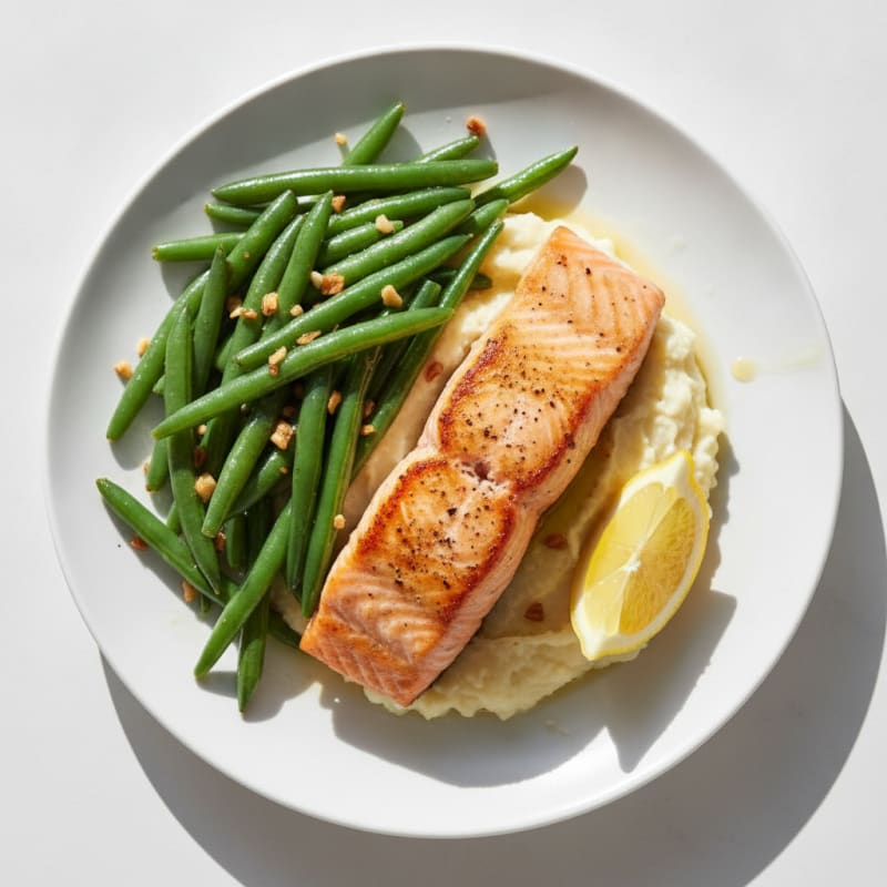 Seared Salmon with Garlic Green Beans and Cauliflower Mash