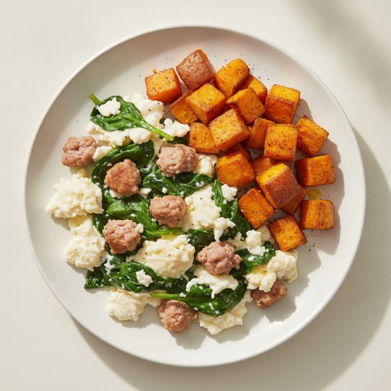 Egg White Spinach Scramble with Turkey Sausage and Roasted Sweet Potato