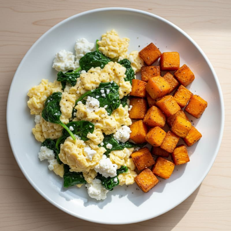Cottage Cheese Scramble with Spinach and Roasted Sweet Potato