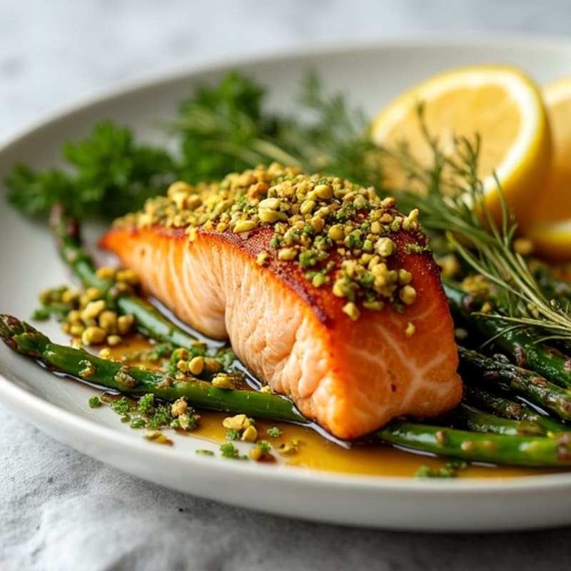 Crispy Pistachio-Crusted Salmon with Lemon-Herb Roasted Asparagus