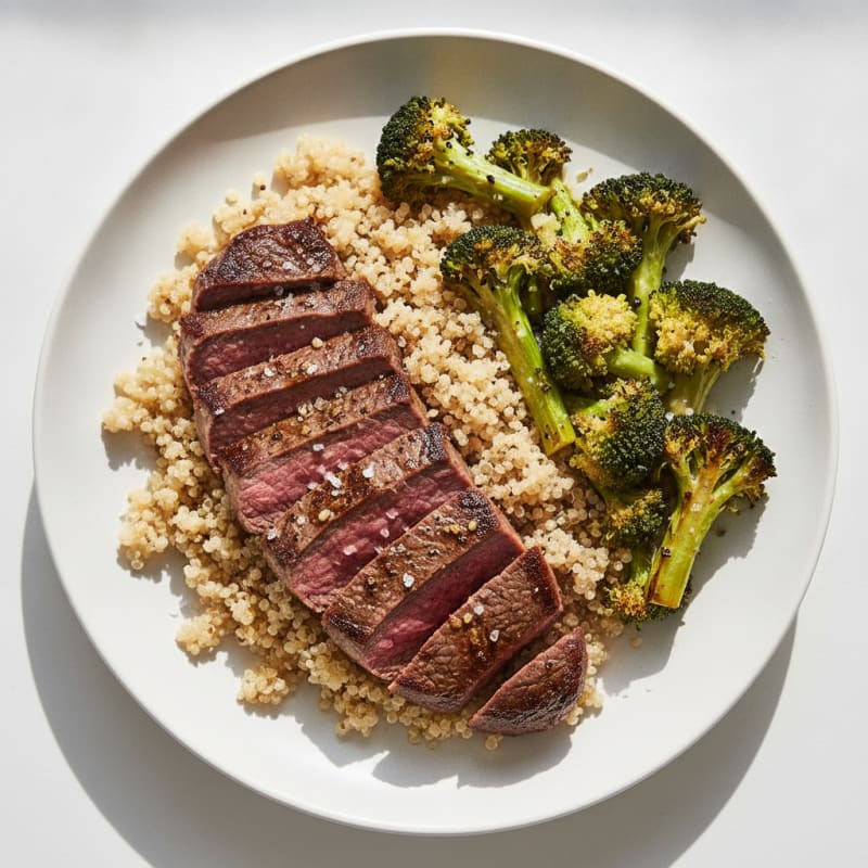 Seared Lean Beef with Roasted Broccoli and Quinoa