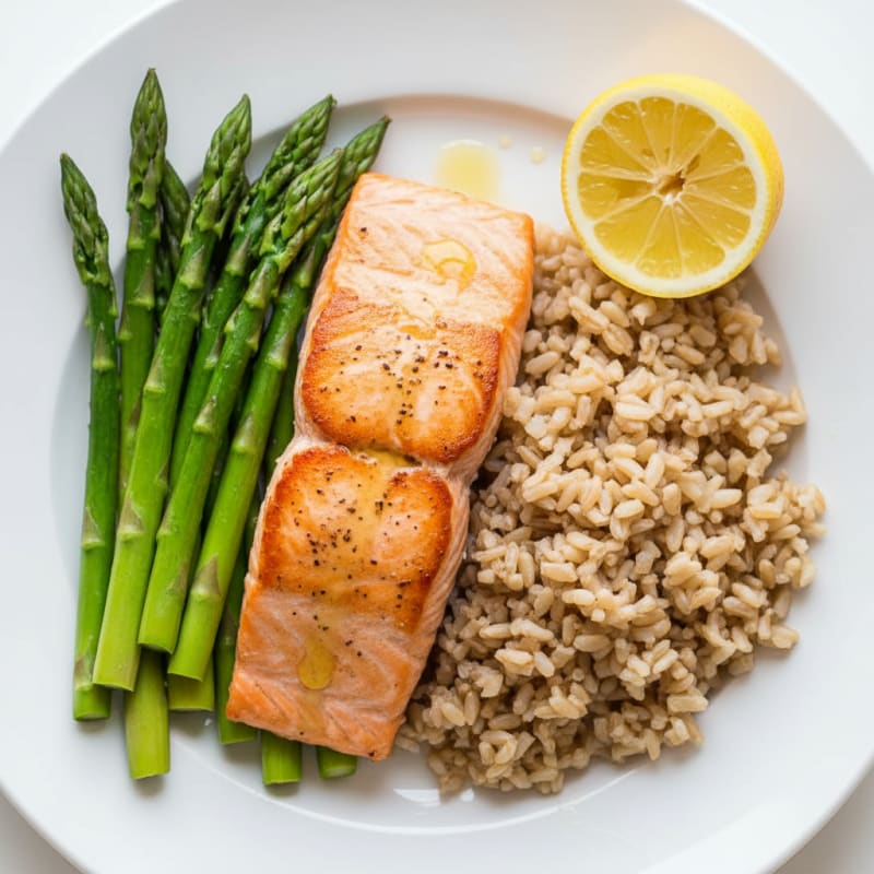 Seared Salmon with Steamed Asparagus and Brown Rice