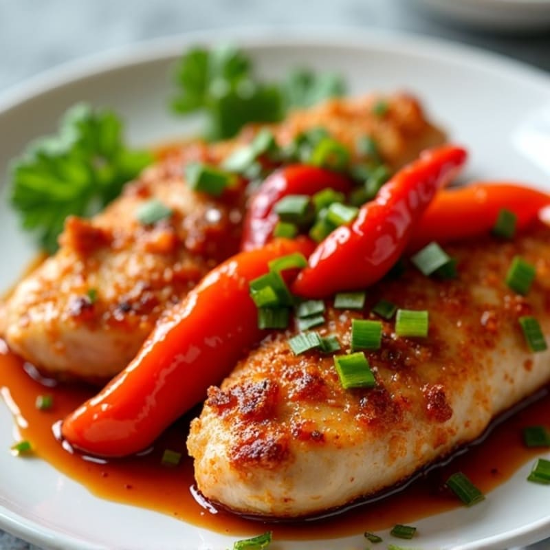 Crispy Baked Sweet and Sour Chicken with Roasted Bell Peppers
