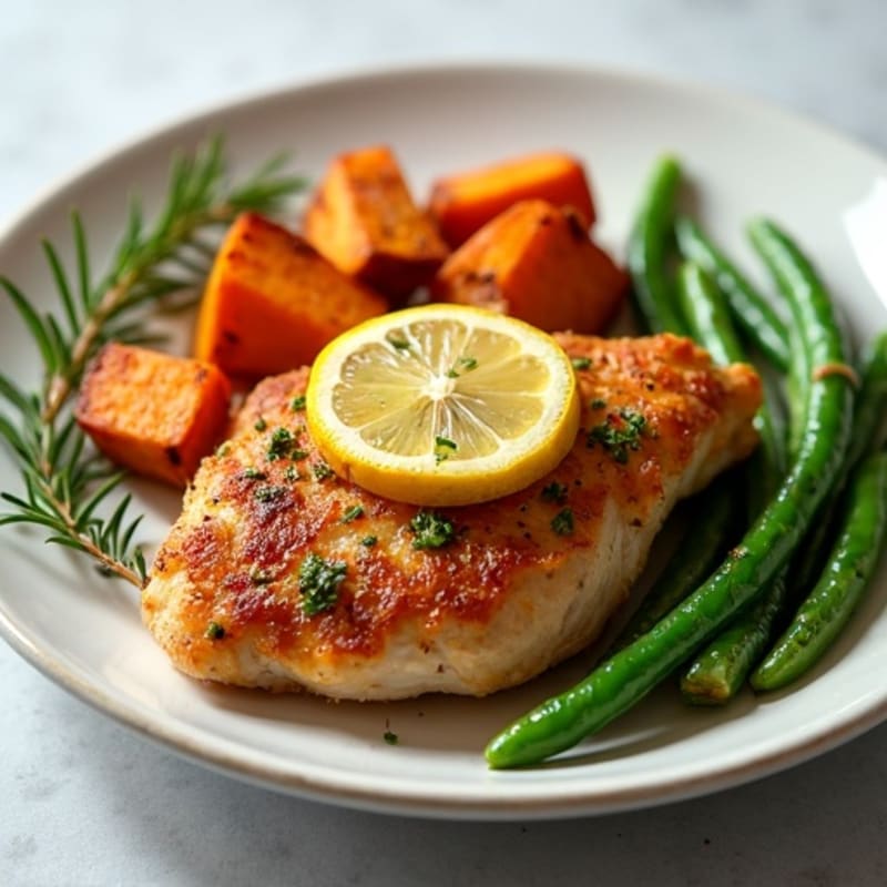 Crispy Lemon-Herb Chicken with Roasted Sweet Potatoes and Green Beans