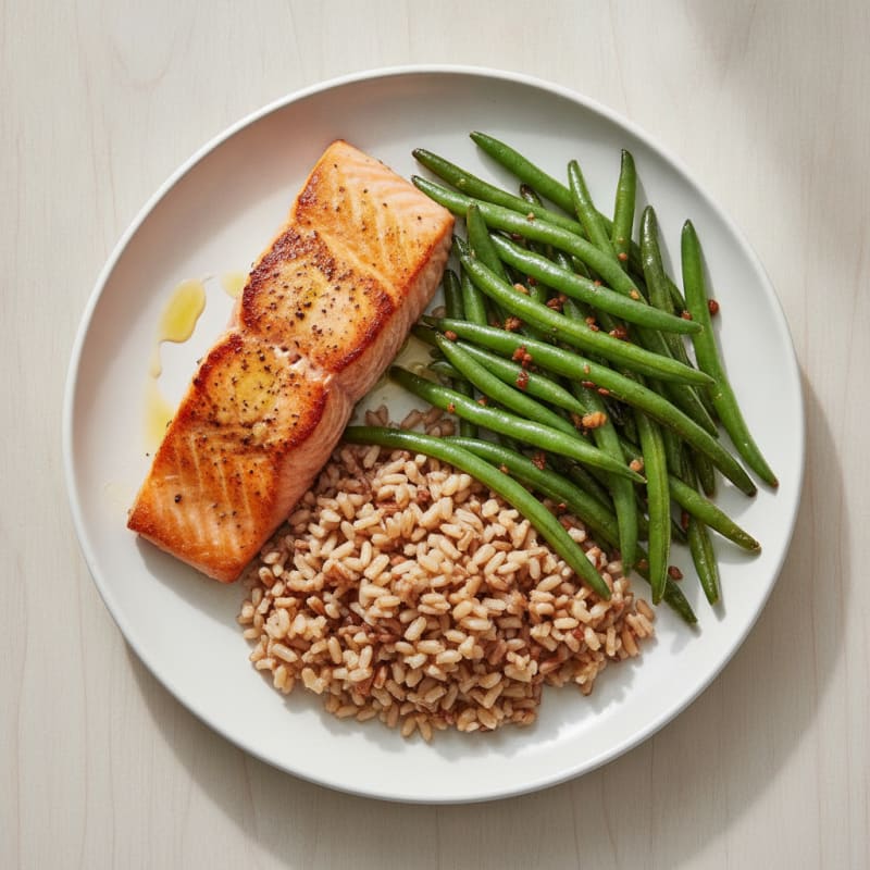 Seared Salmon with Garlic Green Beans and Brown Rice