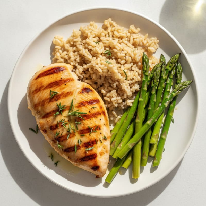 Herb-Grilled Chicken Breast with Steamed Asparagus and Brown Rice