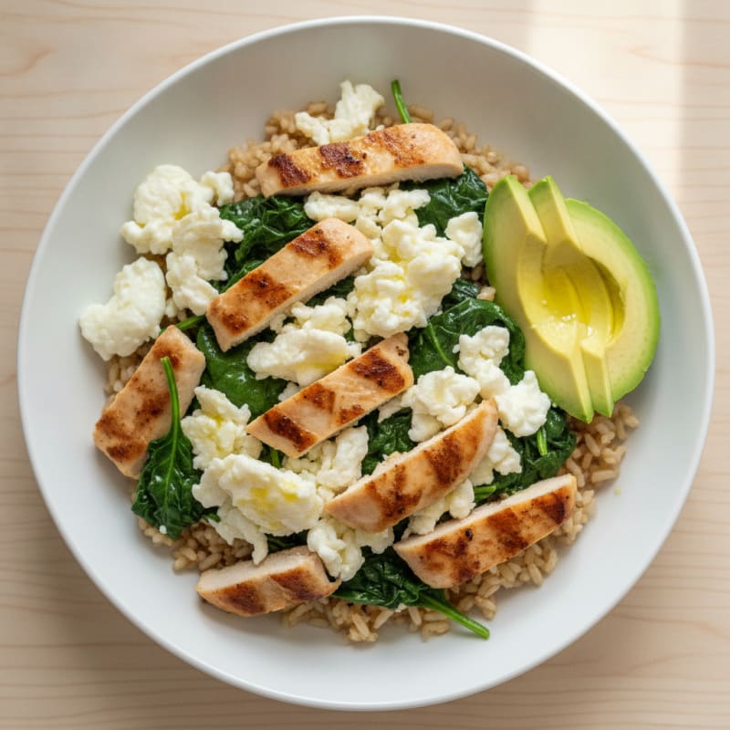 Scrambled Egg Whites with Grilled Chicken and Sautéed Spinach