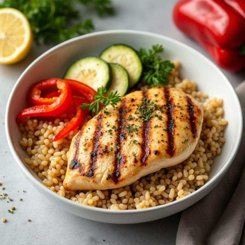 Grilled Chicken and Brown Rice Bowl with Roasted Vegetables