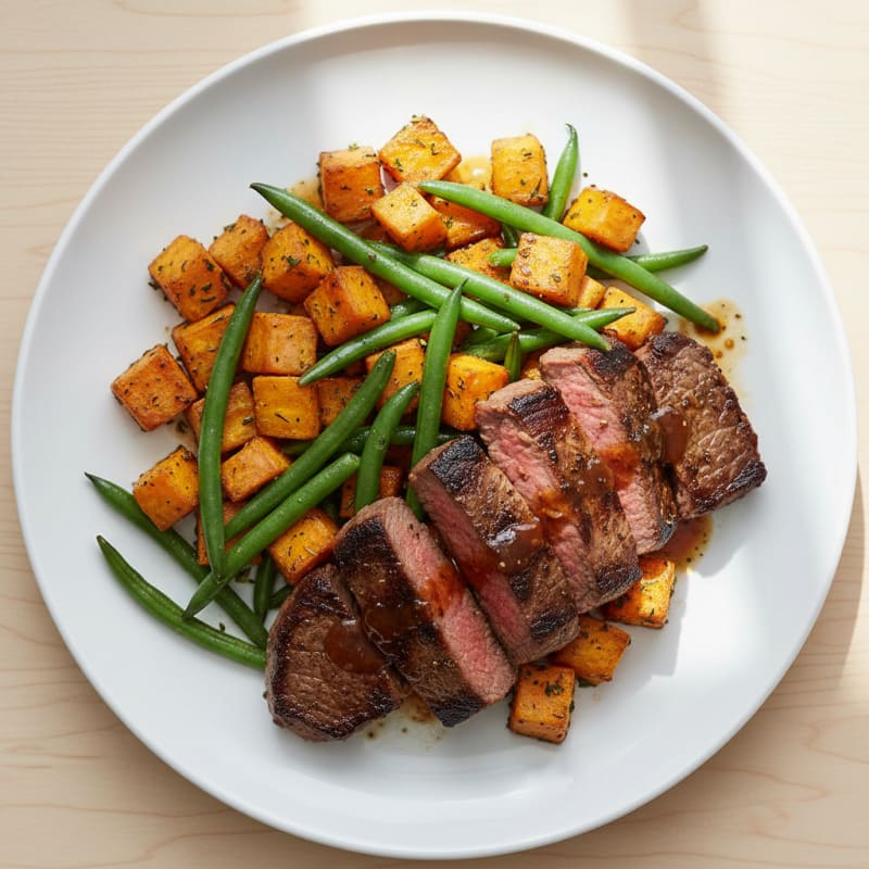 Seared Beef Strips with Roasted Sweet Potatoes and Green Beans