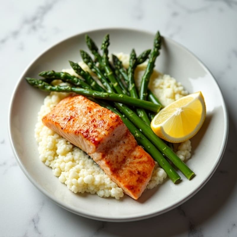 Seared Salmon with Steamed Asparagus and Cauliflower Mash