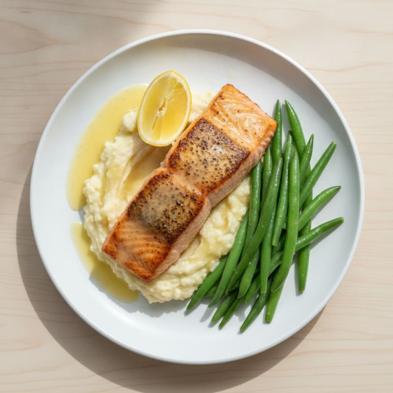 Seared Salmon Fillet with Steamed Green Beans and Garlic Mashed Cauliflower