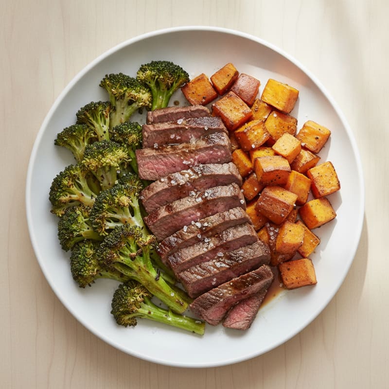 Seared Lean Beef Strips with Roasted Broccoli and Sweet Potato