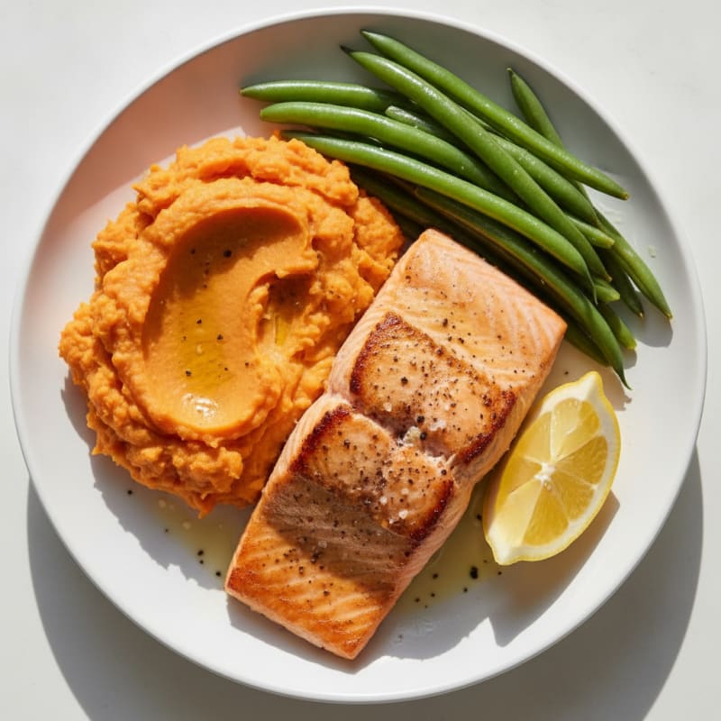 Seared Salmon with Steamed Green Beans and Mashed Sweet Potato