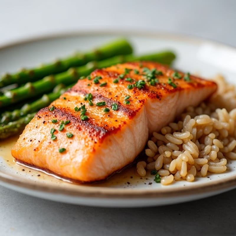 Seared Salmon with Steamed Asparagus and Brown Rice