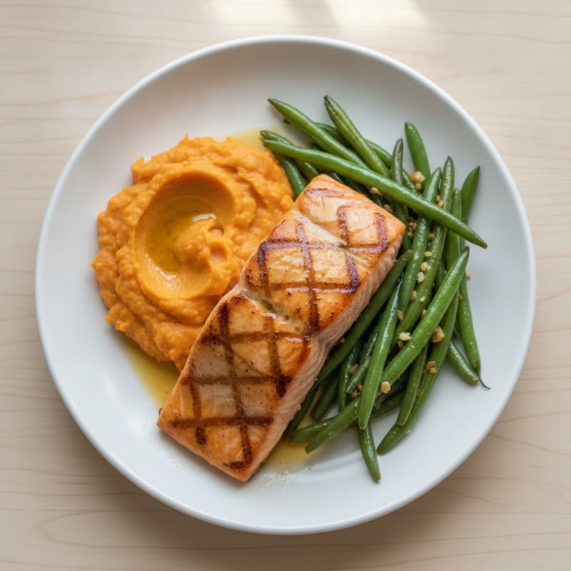 Seared Salmon Fillet with Garlic Green Beans and Sweet Potato Mash
