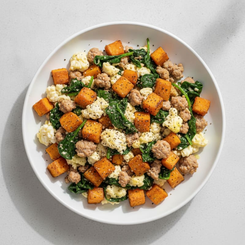 Egg White and Turkey Sausage Scramble with Spinach and Sweet Potato
