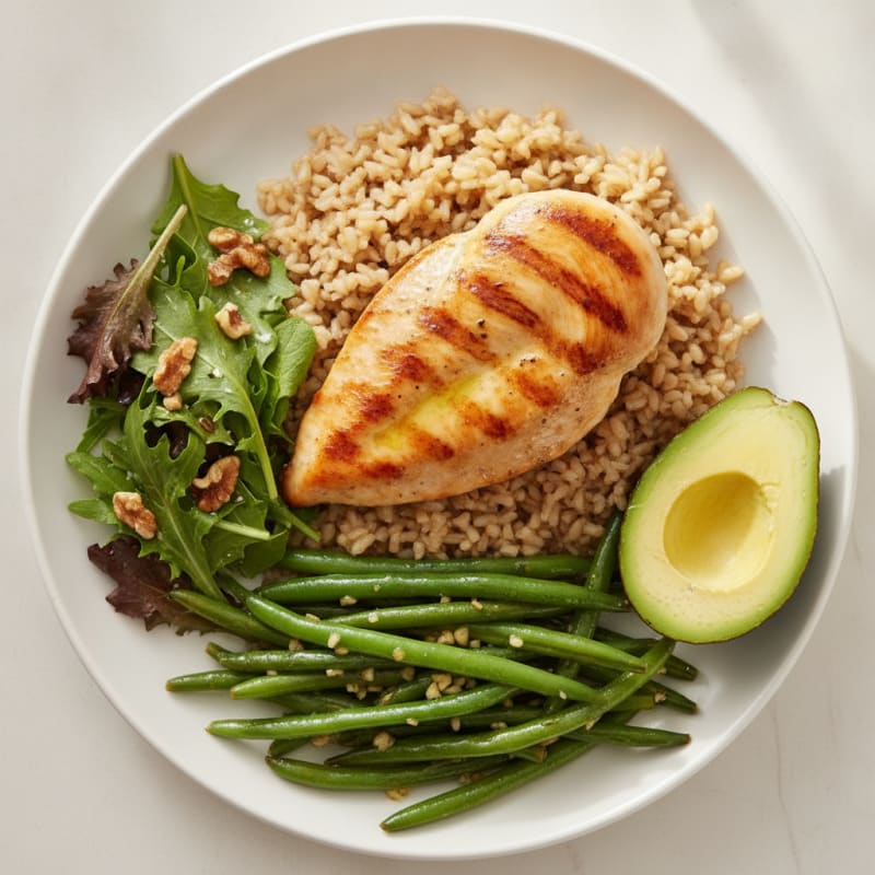 Seared Chicken Breast with Garlic Green Beans and Brown Rice