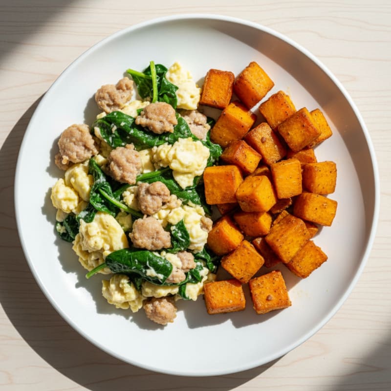Egg White and Turkey Sausage Scramble with Spinach and Roasted Sweet Potato