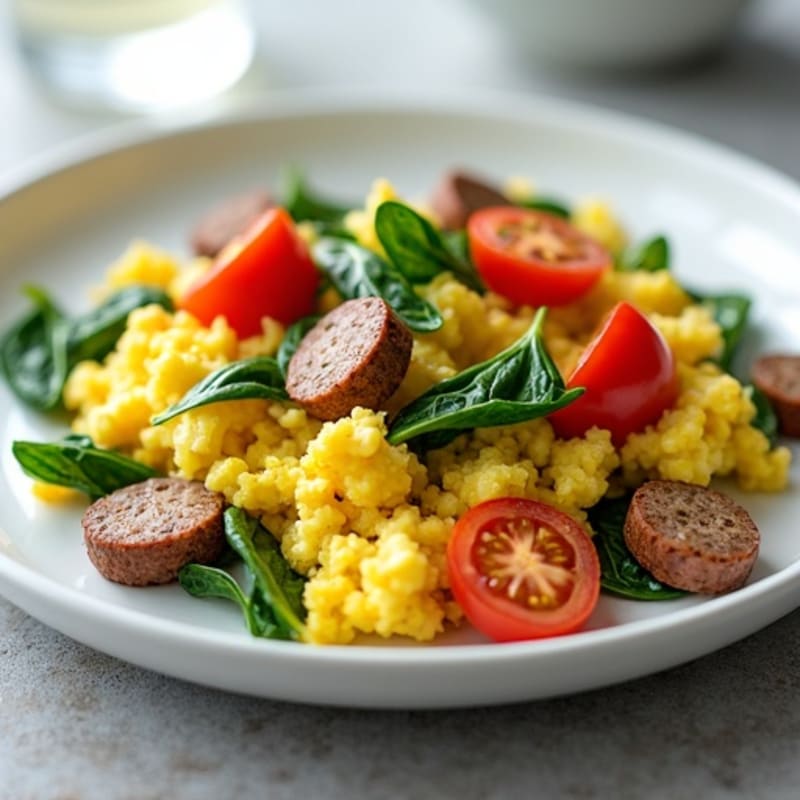 Egg White and Turkey Sausage Scramble with Spinach and Tomatoes