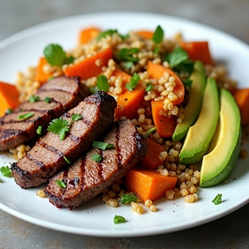 Grilled Beef Strips with Roasted Sweet Potato and Quinoa Salad