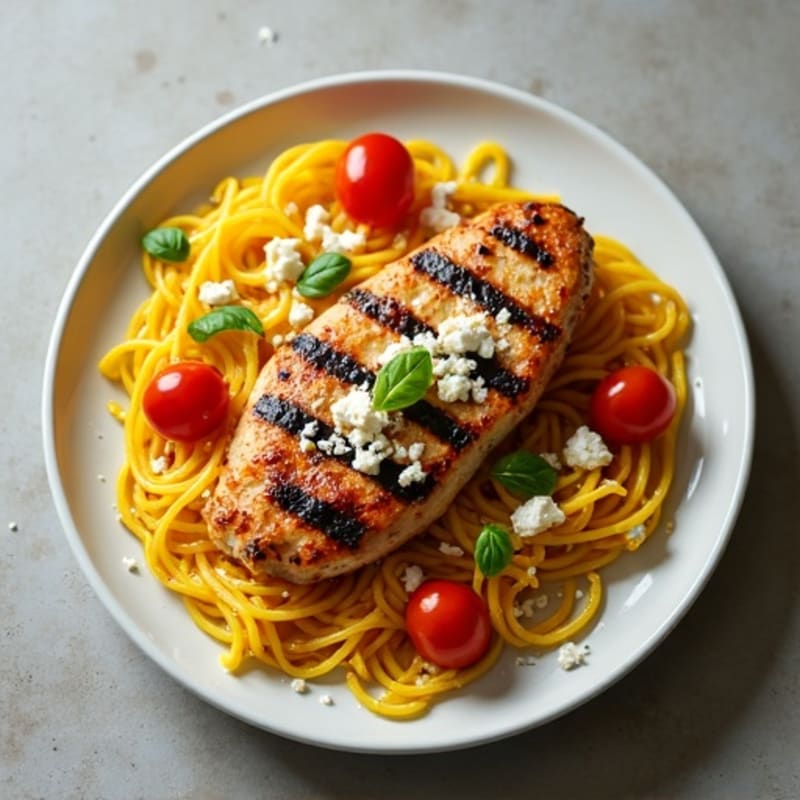Grilled Chicken with Roasted Spaghetti Squash, Burst Cherry Tomatoes, and Creamy Feta