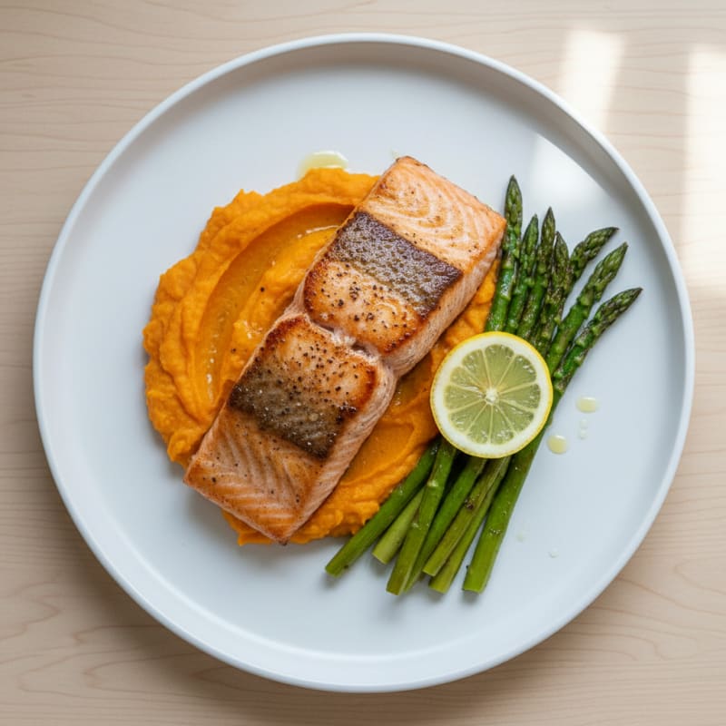 Seared Salmon Filet with Roasted Asparagus and Sweet Potato Mash