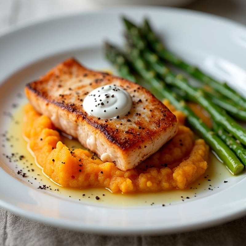 Seared Salmon Fillet with Roasted Asparagus and Sweet Potato Mash
