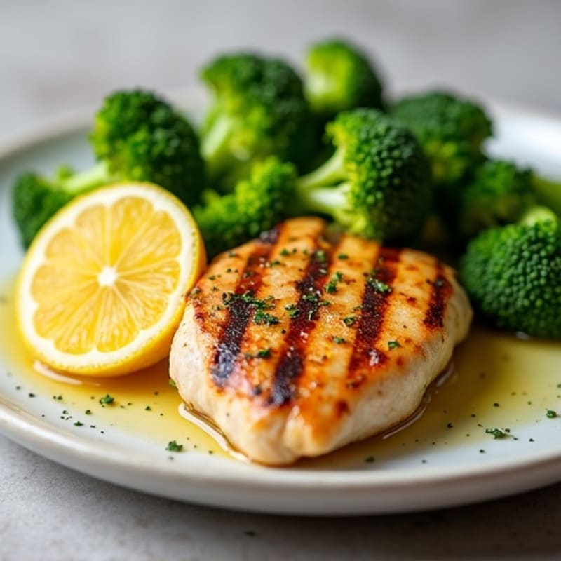 Grilled Chicken Breast with Steamed Broccoli and Lemon