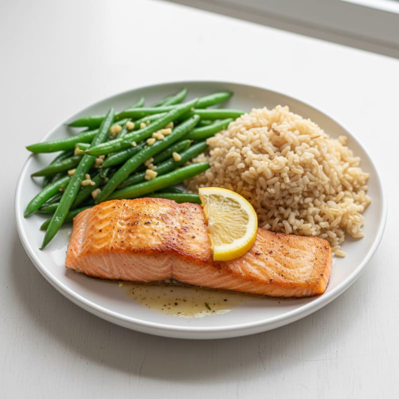 Seared Salmon with Garlic Green Beans and Brown Rice