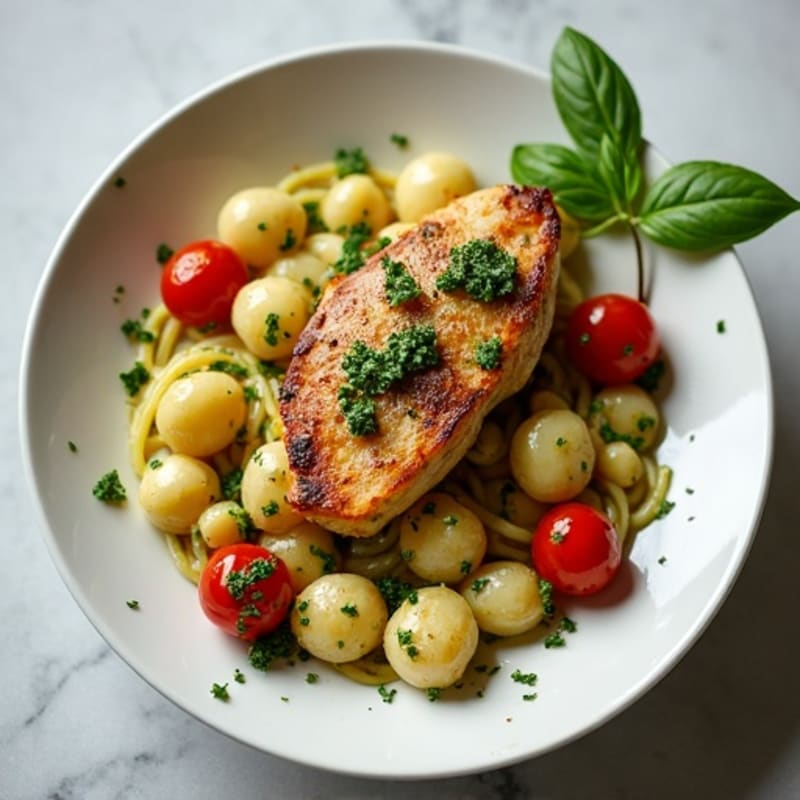 Creamy Basil Pesto Gnocchi with Roasted Chicken and Blistered Tomatoes