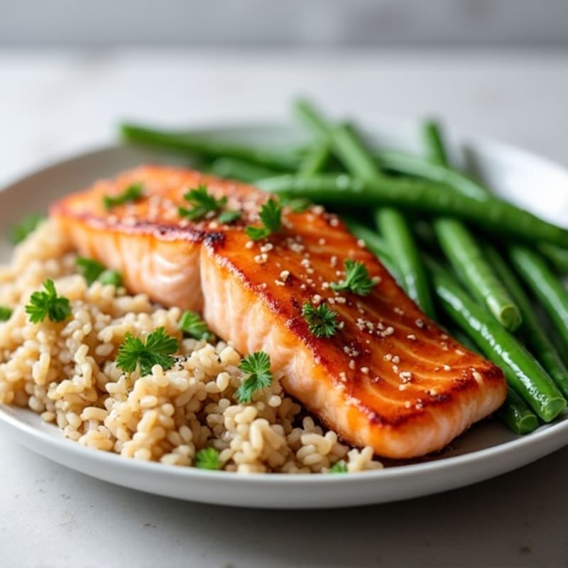 Seared Salmon with Garlic Green Beans and Brown Rice