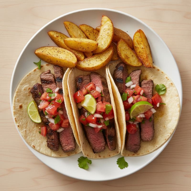 Grilled Steak Tacos with Fresh Tomato Salsa and Baked Potato Wedges