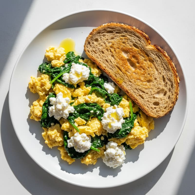 Cottage Cheese and Egg Scramble with Sautéed Spinach