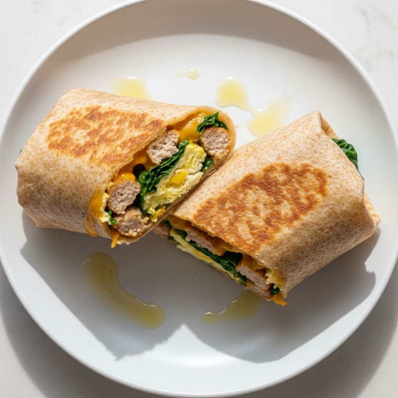 Crispy Chicken Sausage Breakfast Burrito with Cheddar and Spinach