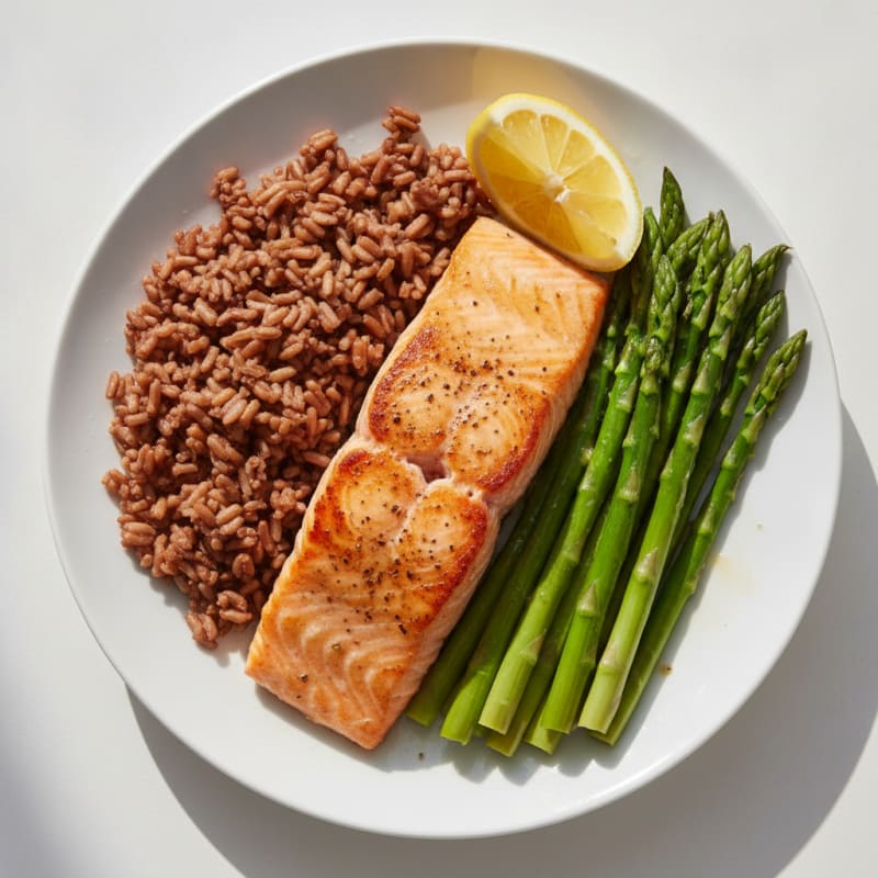 Pan-Seared Salmon with Steamed Asparagus and Brown Rice